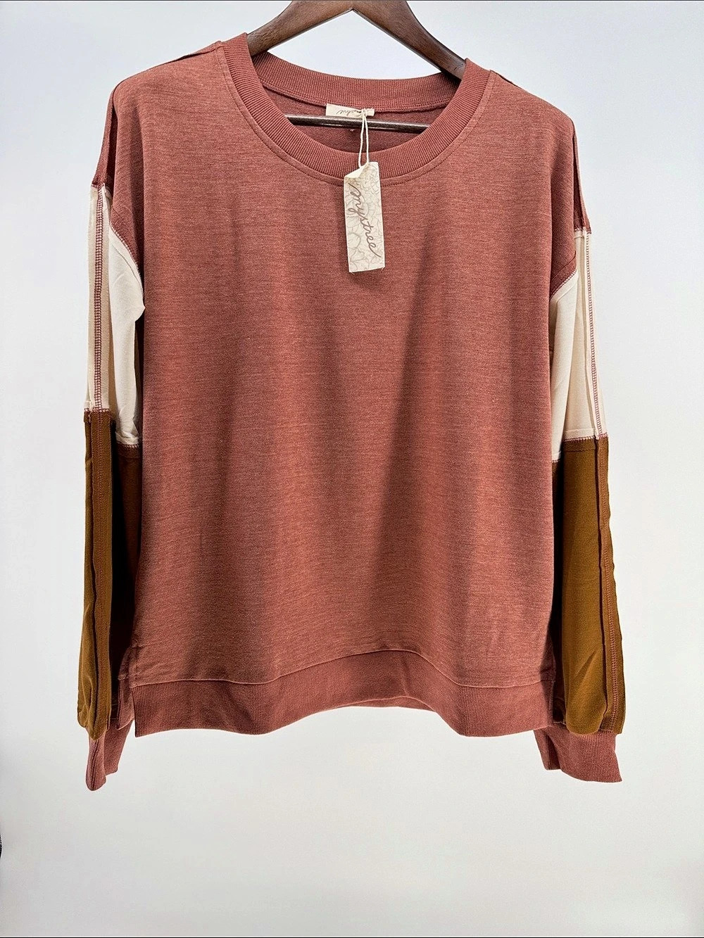 Mystree Color Block Pullover in Brown, Coral & Cream Size Large